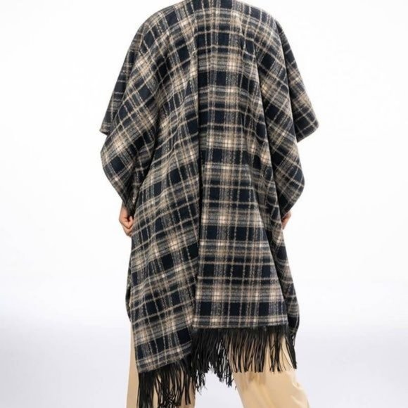 Miz Native Plaid Vegan Fringe Poncho - Picture 6 of 17